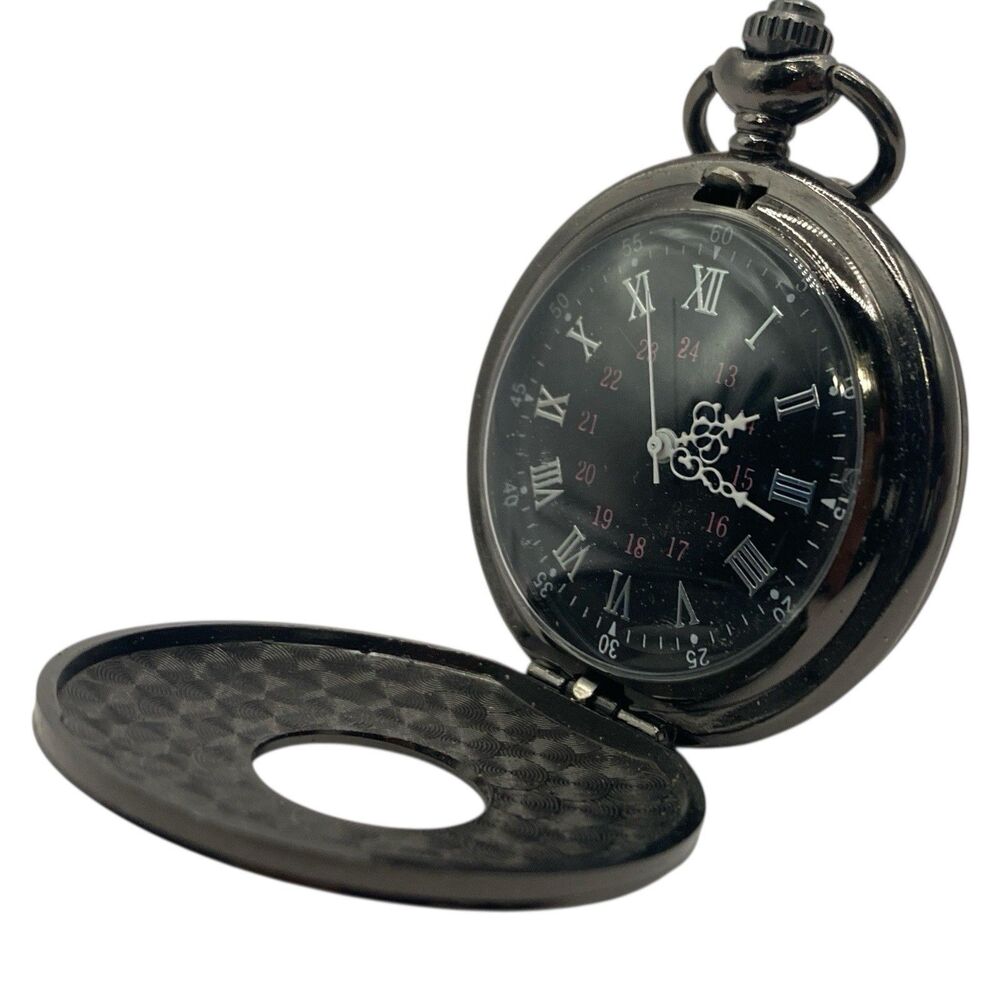 Vintage Black Pocket Watch for Men Roman Numeral Quartz New Battery